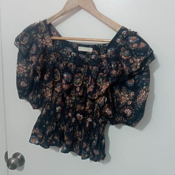 Ulla Johnson warner Floral Puff sleeve Peplum blouse ruffled neckline/Waist sz 2 - Picture 2 of 8